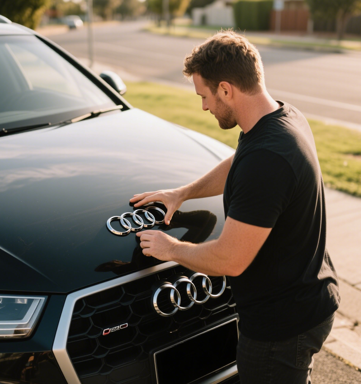 Car owner installing emblem