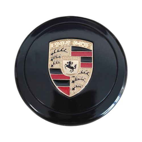 Premium Porsche cap 80mm – Shiny Glossy Black Metal with Color Logo for Luxury Upgrade