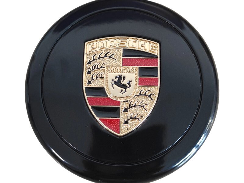 Premium Porsche cap 80mm – Shiny Glossy Black Metal with Color Logo for Luxury Upgrade