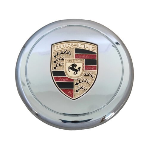 Elegant Porsche Cap 80mm – Shiny Chrome Silver Metal with Authentic Color Logo