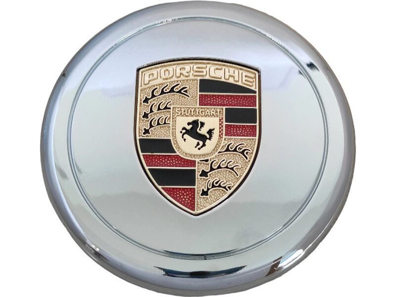 Elegant Porsche Cap 80mm – Shiny Chrome Silver Metal with Authentic Color Logo