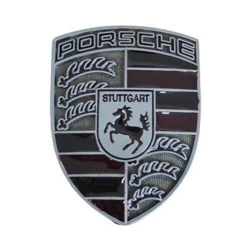 Luxury Porsche Emblem Grey with Red and Black Bar – Premium Hood Badge 67x50mm Luxury Porsche Emblem Grey with Red and Black Bar – Premium Hood Badge 67x50mm